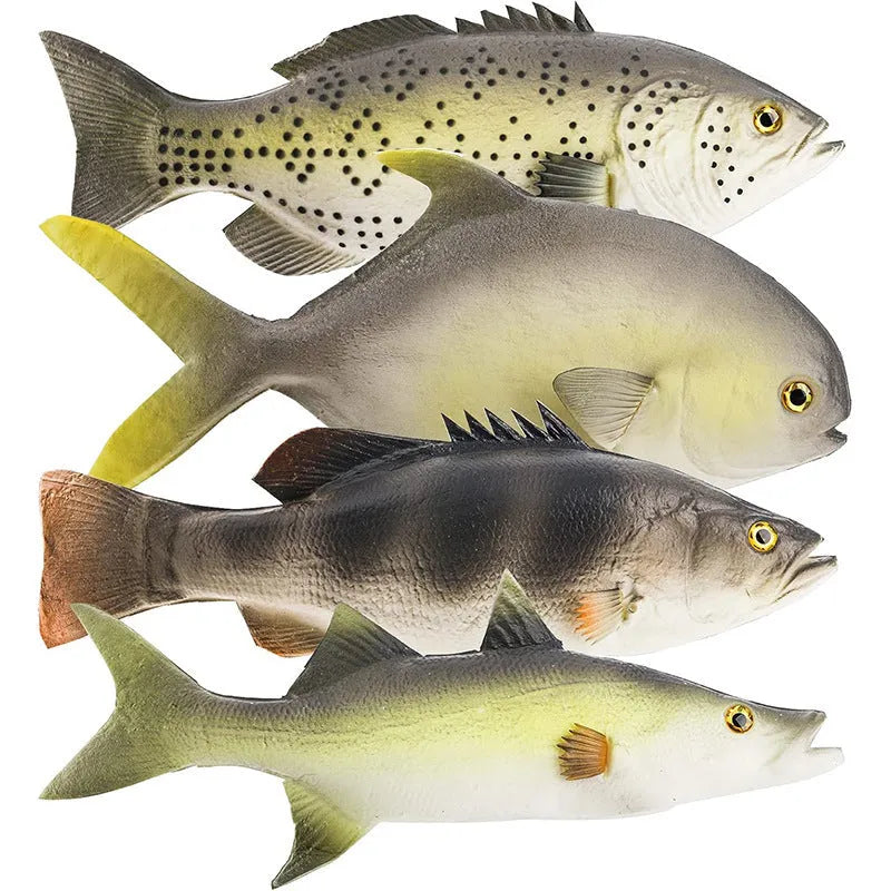 PU simulated fish ornament set showing yellow-fin tuna, flower fish, and small yellow croaker marine models