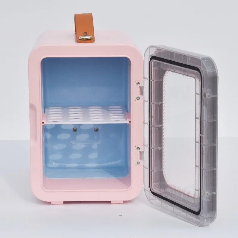 Pink mini refrigerator with transparent door showing 6L capacity for car and home hot and cold use