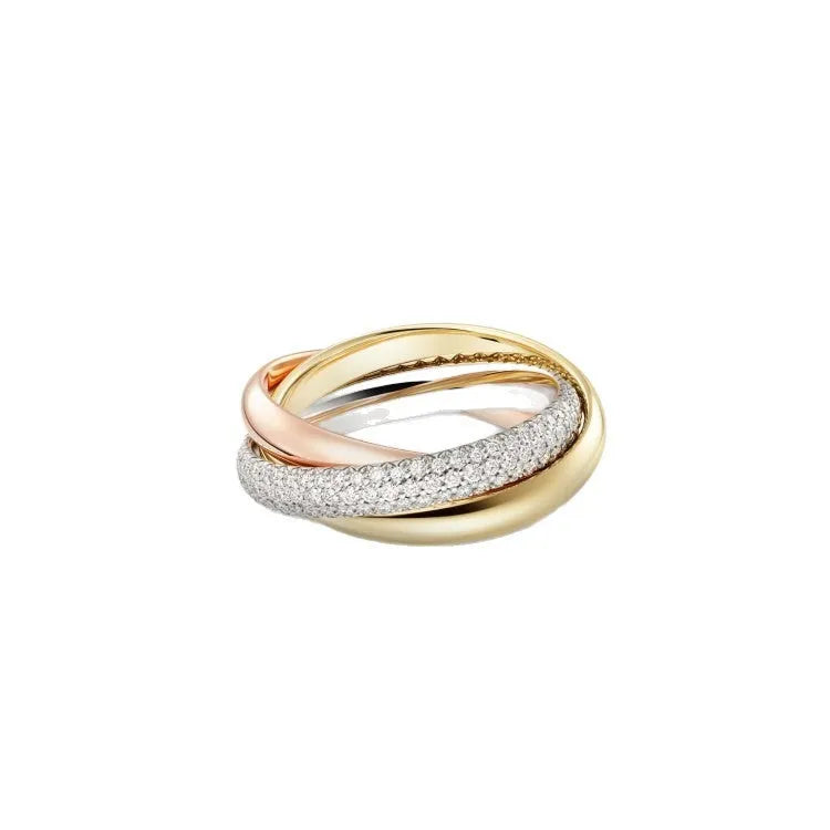 Geometric U-shaped sterling silver couple's ring in gold rose silver with full diamond setting on a size guide.