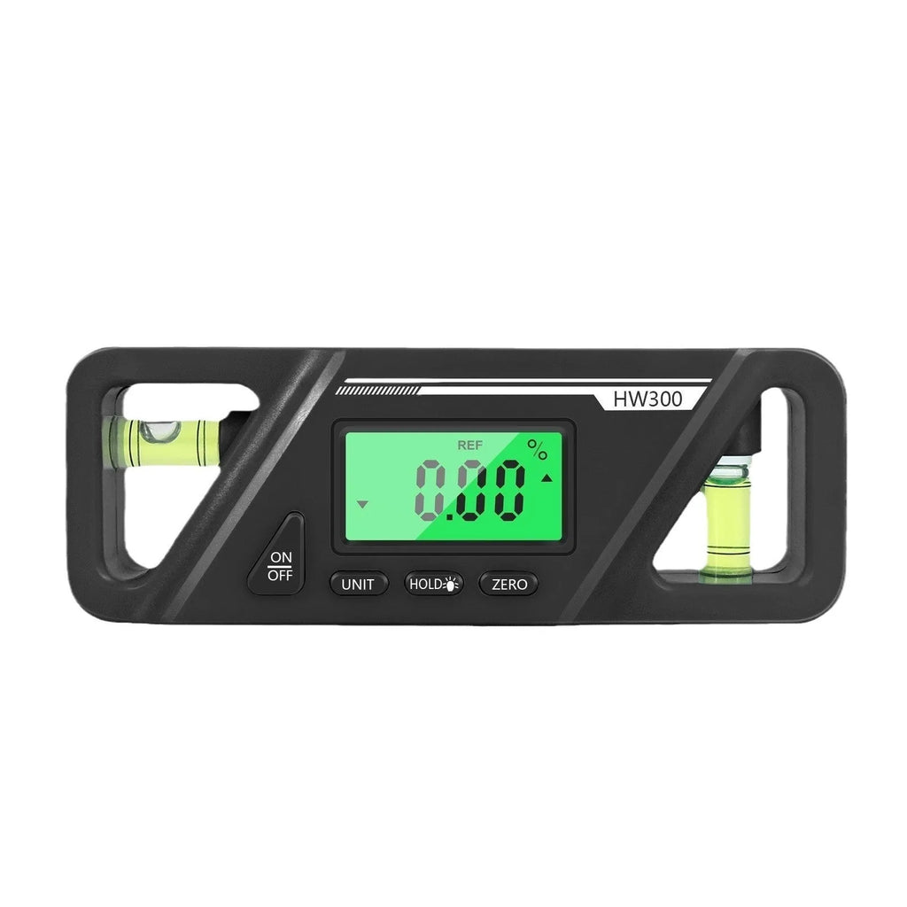 Digital display inclinometer level meter with magnetic strip on its base showing angle reading.