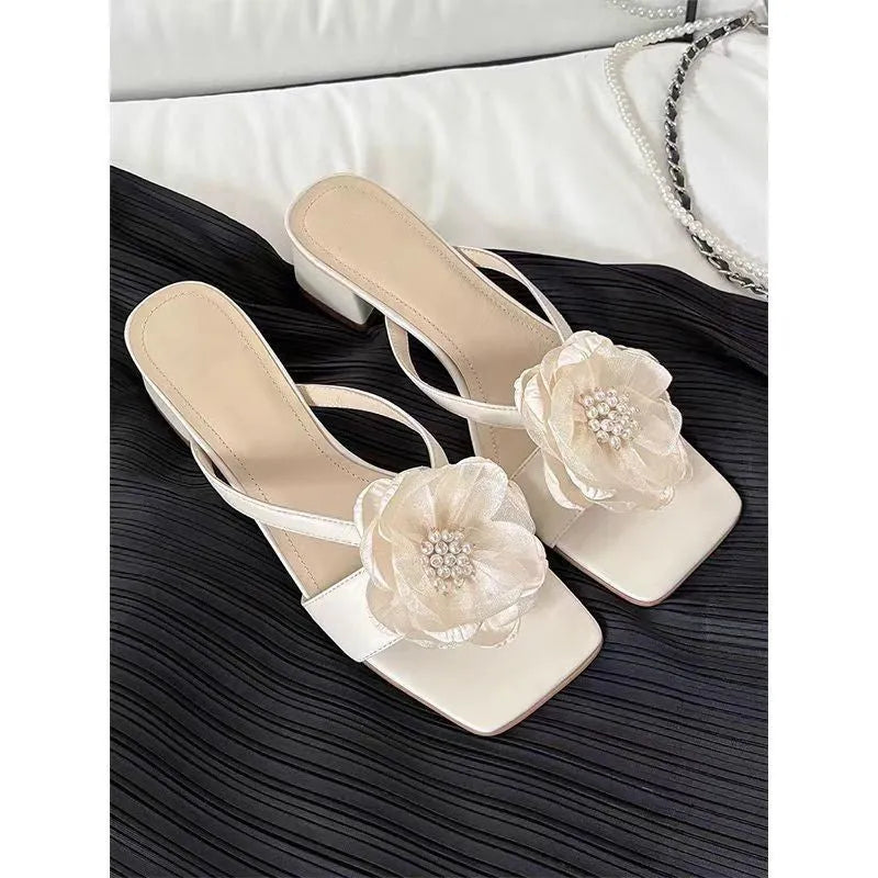 Women's fashion sandals with chunky heel, square toe, and satin upper in cream-white colour