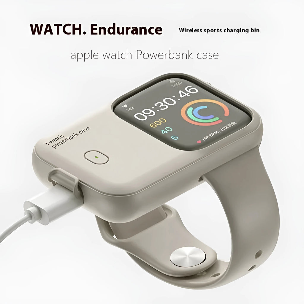 Apple Watch portable wireless charging case with silicone protective sleeve in Brown, Midnight Blue and Starlight colours.