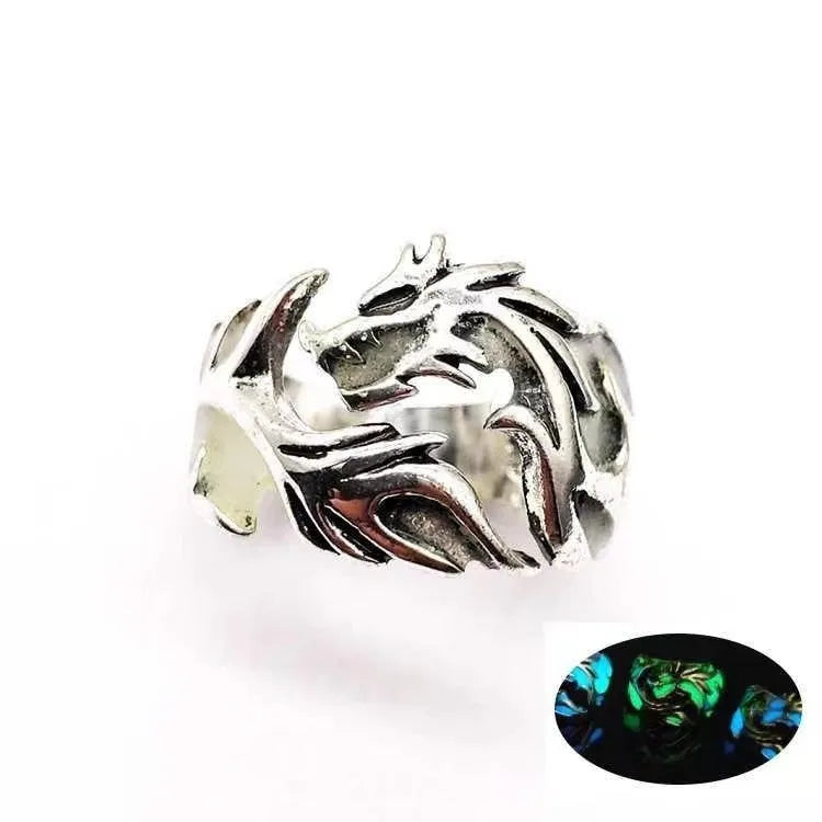 Adjustable Chinese dragon pattern ring with antiqued silver blue and green electroplated finish