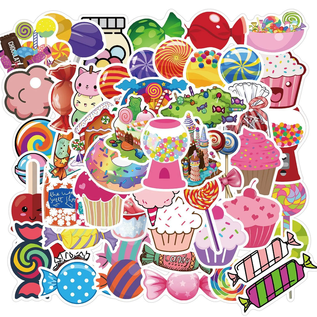 50 colourful candy graffiti stickers with cartoon patterns measuring 4-6cm