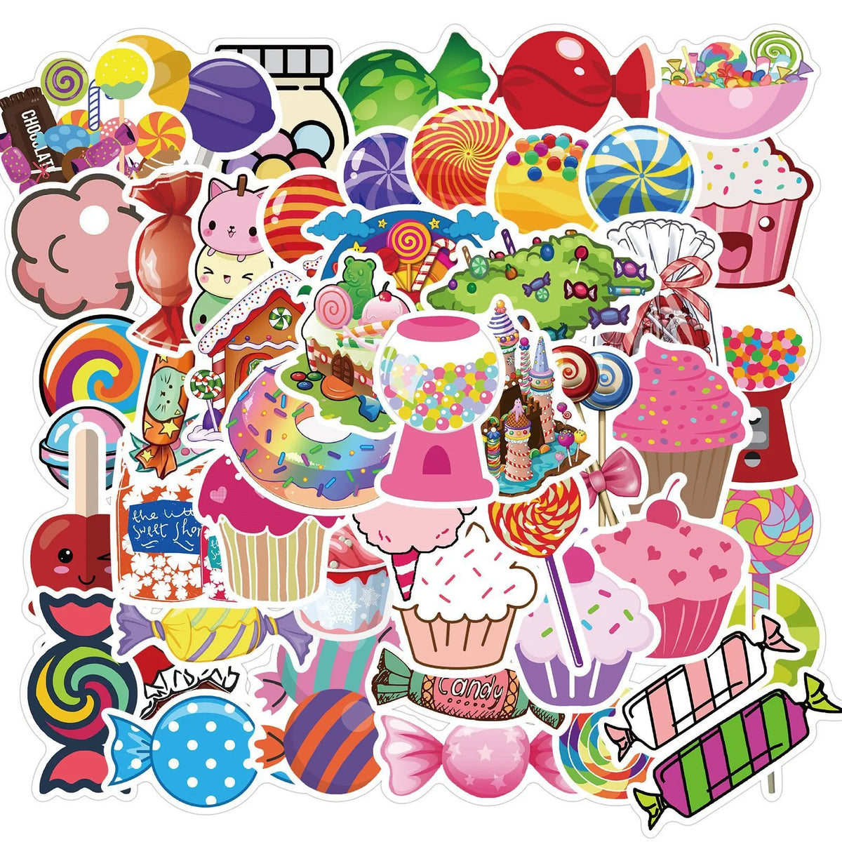 50 colourful candy graffiti stickers with cartoon patterns measuring 4-6cm