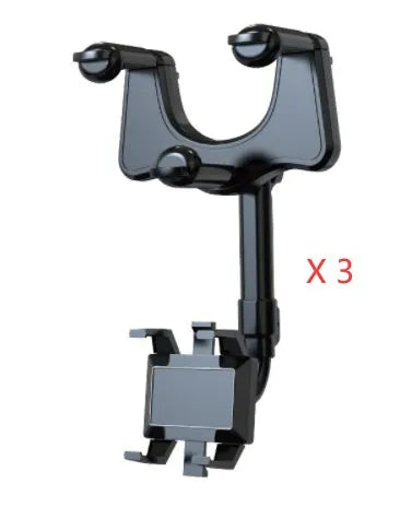 Black rearview mirror car phone holder showing 360 rotation and extended telescopic arm