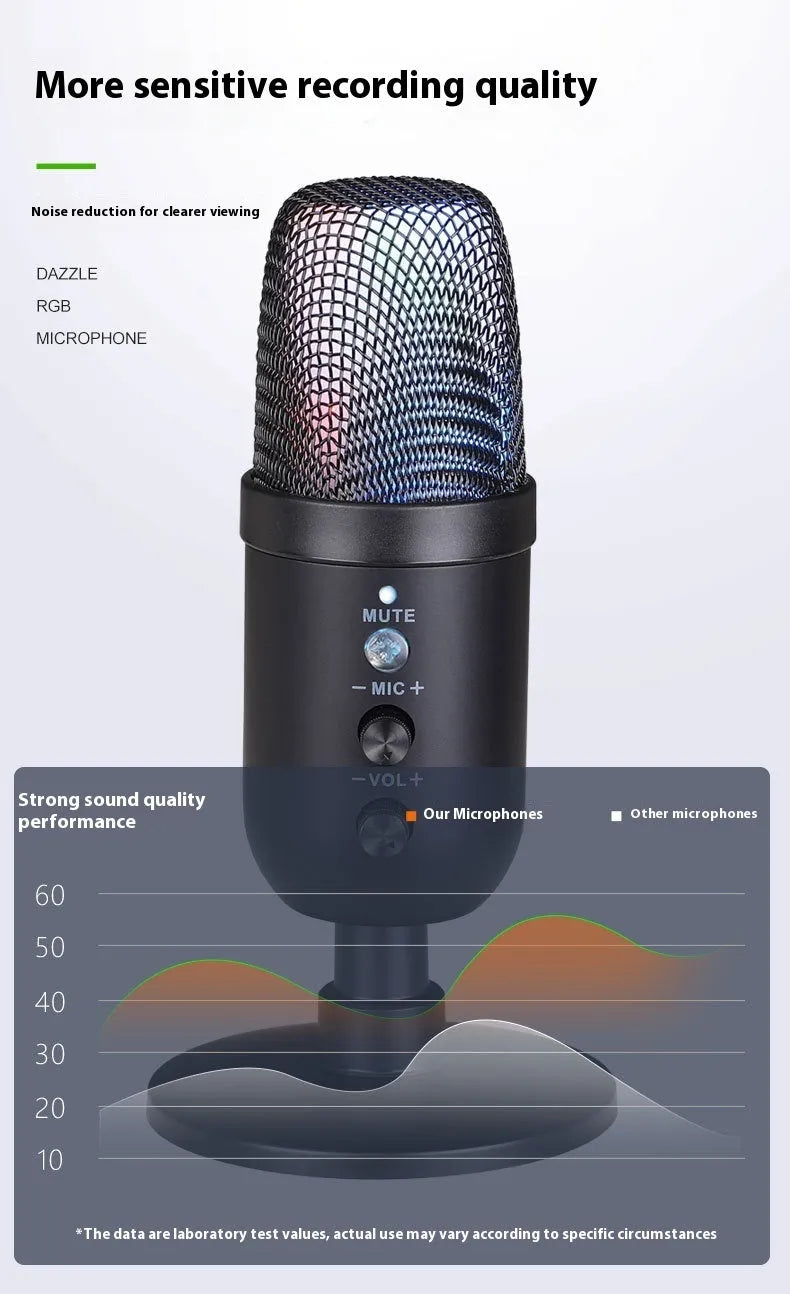 Black USB microphone with RGB lighting for computer and mobile phone streaming and recording