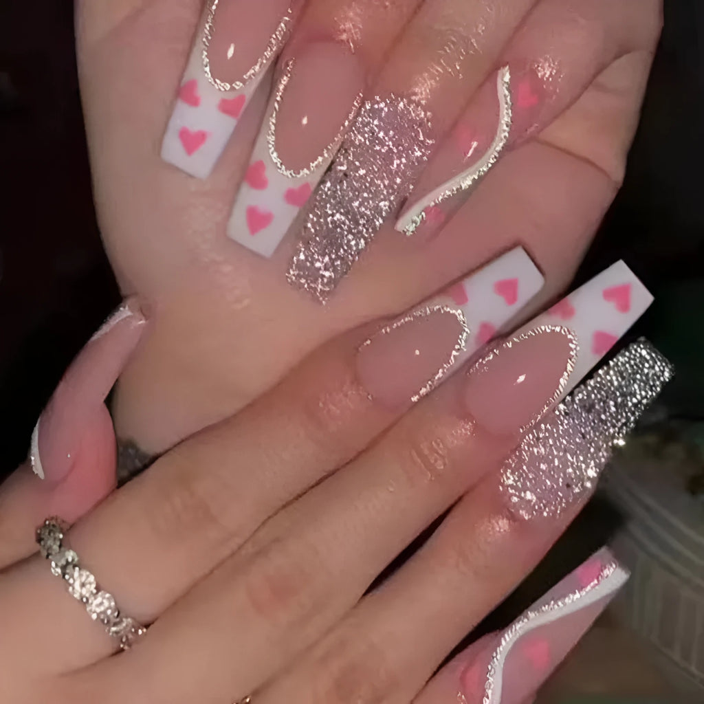 Wearable finished fake nails long ballet type with love pattern in W097 shiny love and glue