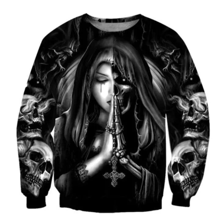 Adult black hooded sweatshirt with a large white 3D skull anime graphic on the front.