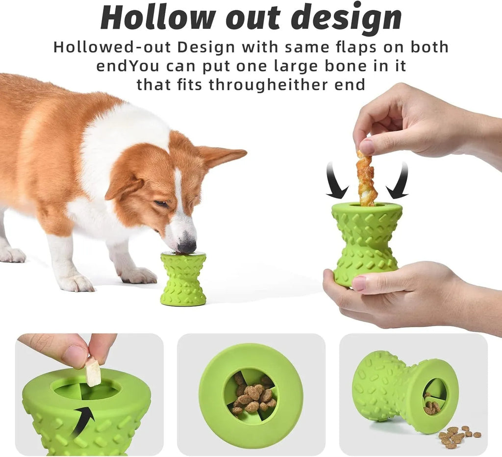 Blue natural rubber treat dispensing dog bone toy with hollow design and food leakage holes