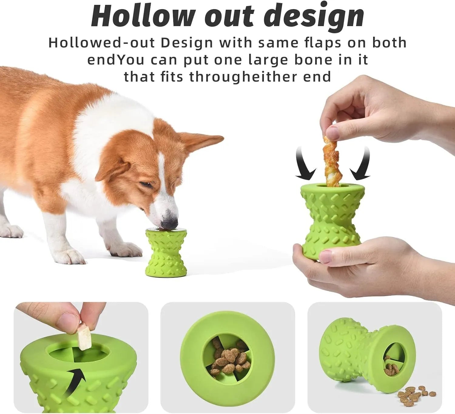 Blue natural rubber treat dispensing dog bone toy with hollow design and food leakage holes