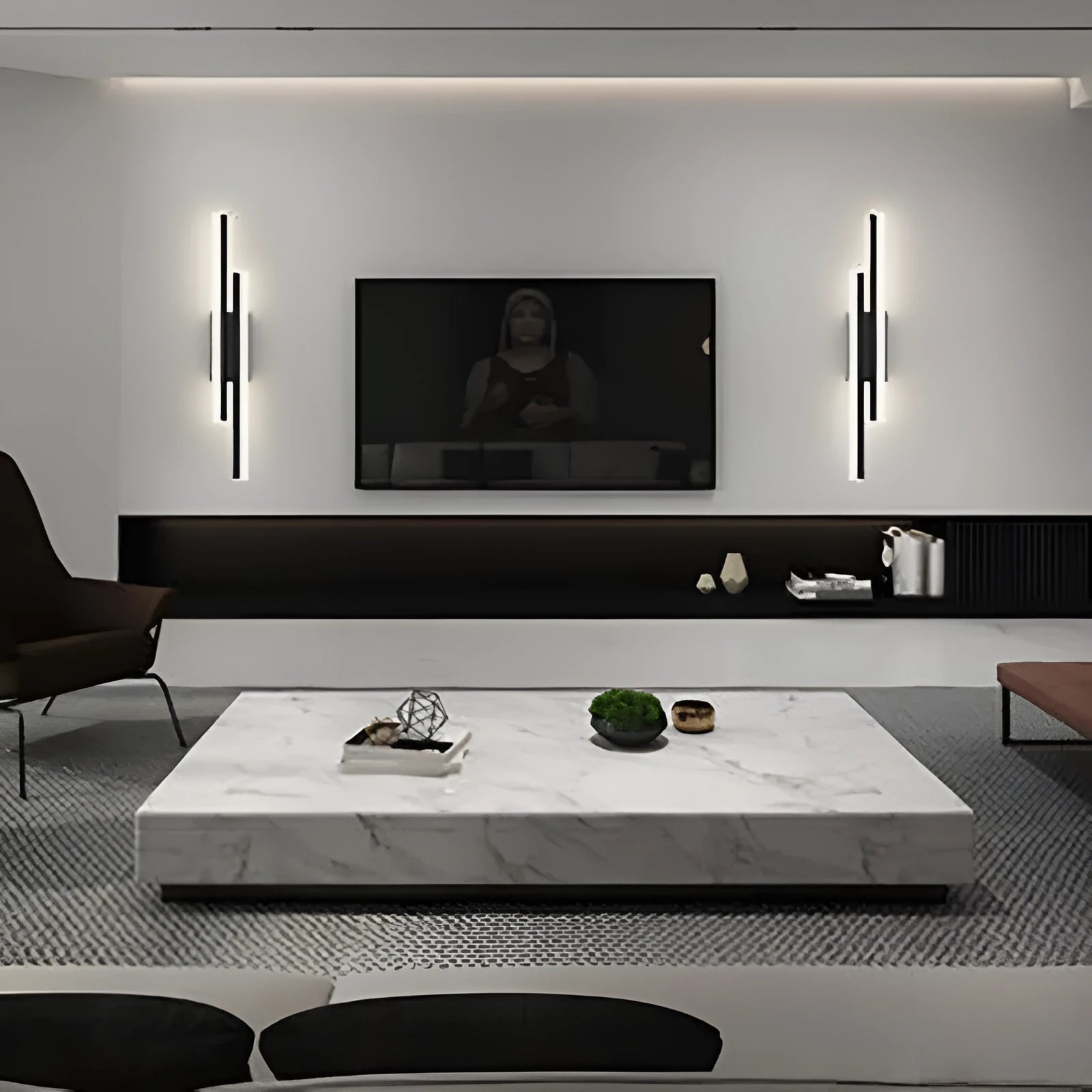 Scandinavian minimalist LED wall light with an acrylic shade on a black arm, mounted on a light-coloured wall.