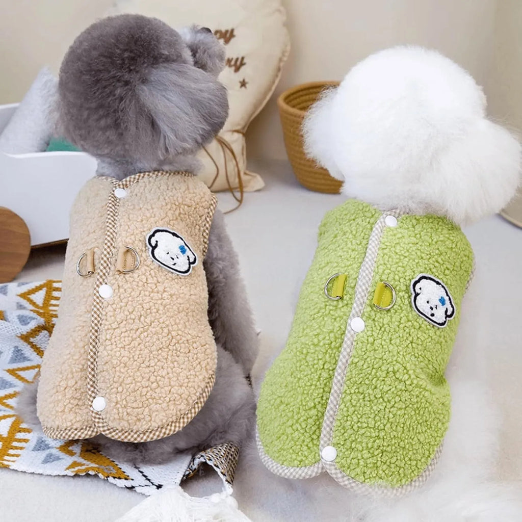 Green coral fleece dog sweatshirt vest with leash ring for small pets in autumn winter