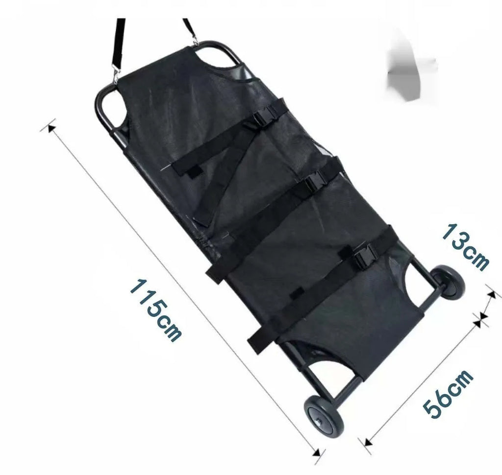 Large black aluminium alloy pet stretcher in folded configuration for emergency dog transport