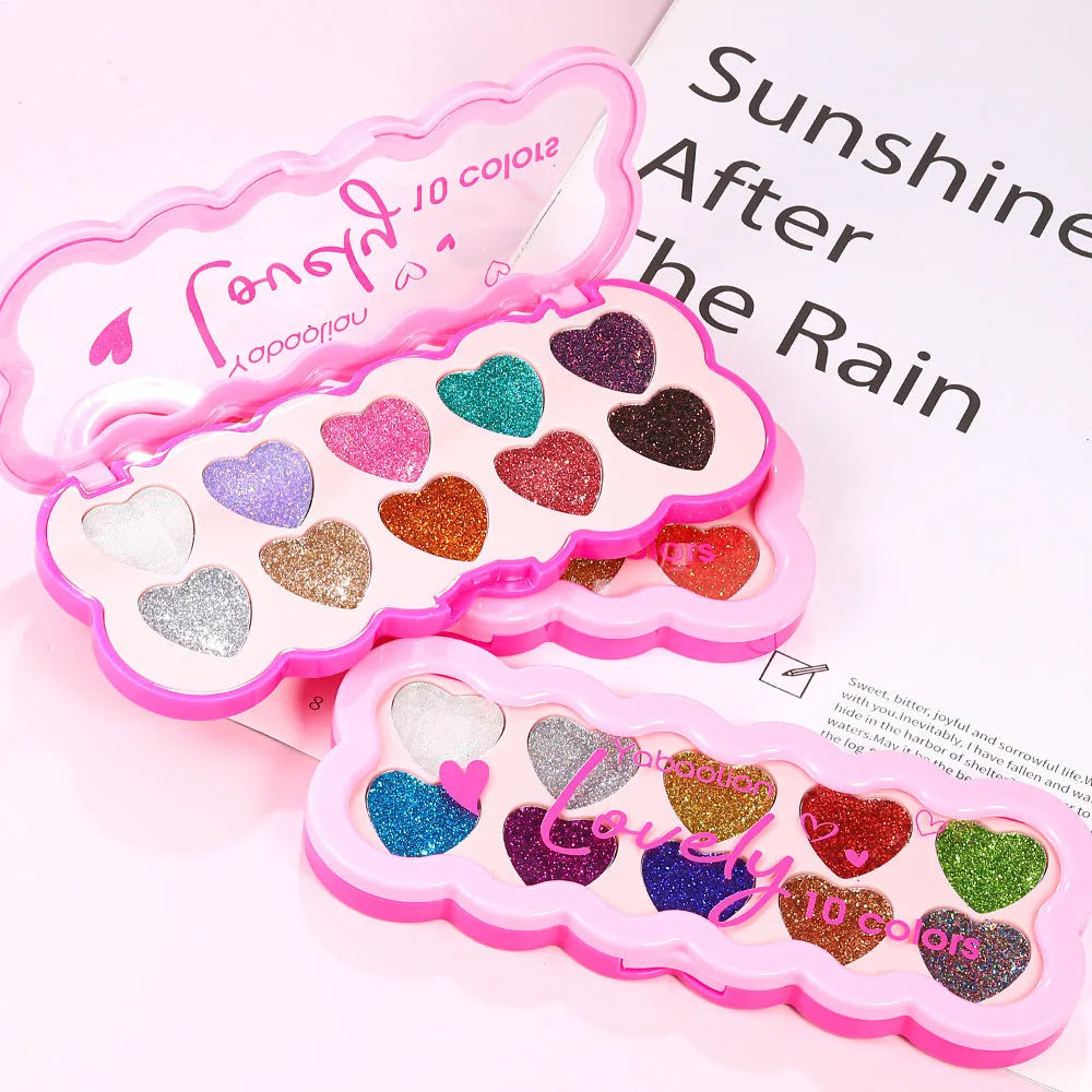 Pearlescent Heart ten-color sequins eye shadow palette open showing shades including coral, blue and purple.