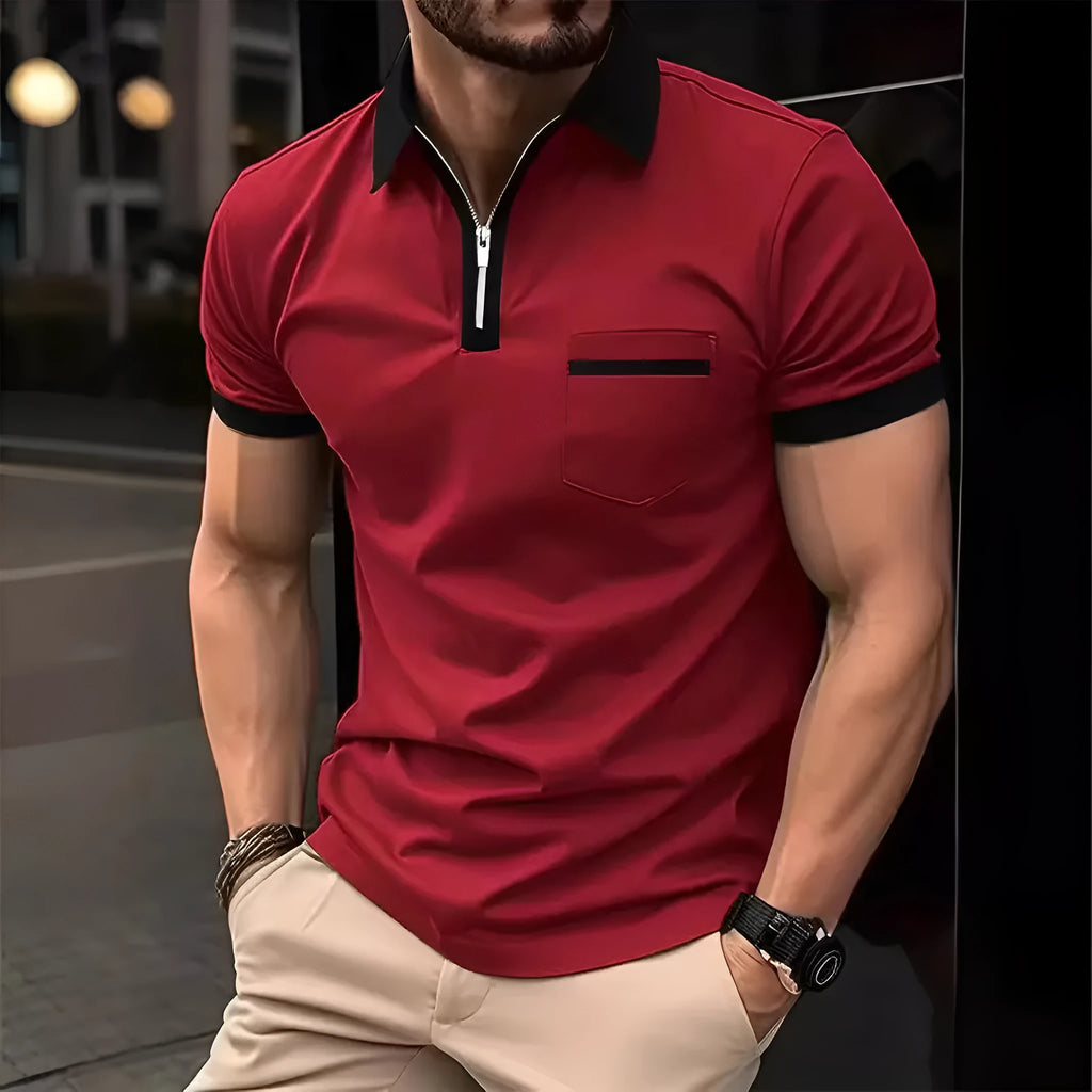 Men's loose fit short sleeve casual shirt with chest pocket and front zip detail in a two-tone colour.