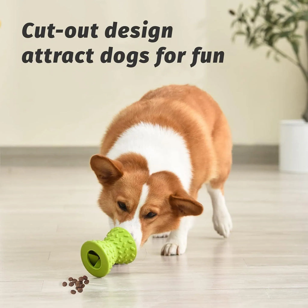Blue natural rubber treat dispensing dog bone toy with hollow design and food leakage holes