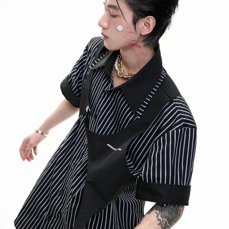Black and white striped men's shirt with double lapel collar design