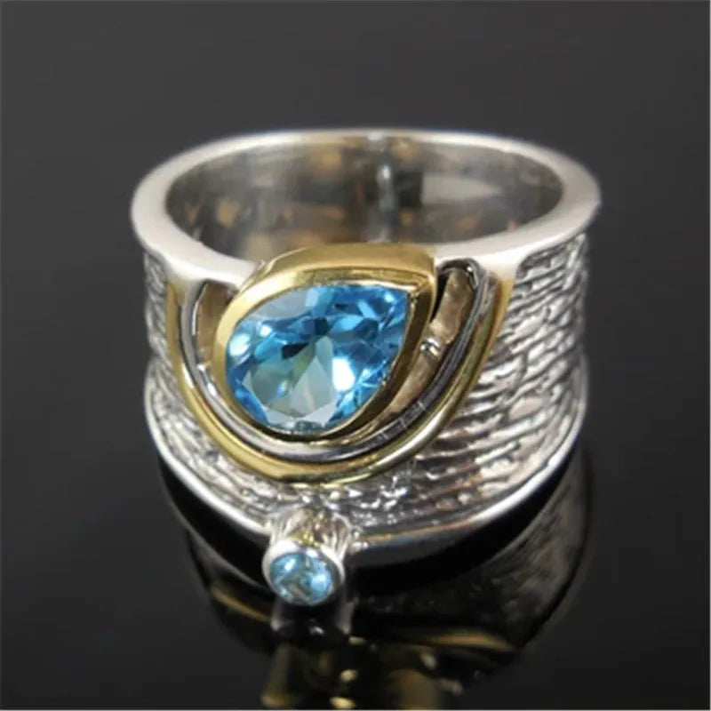 Blue zircon rhinestone drop shape alloy ring in Chinese style on size guide