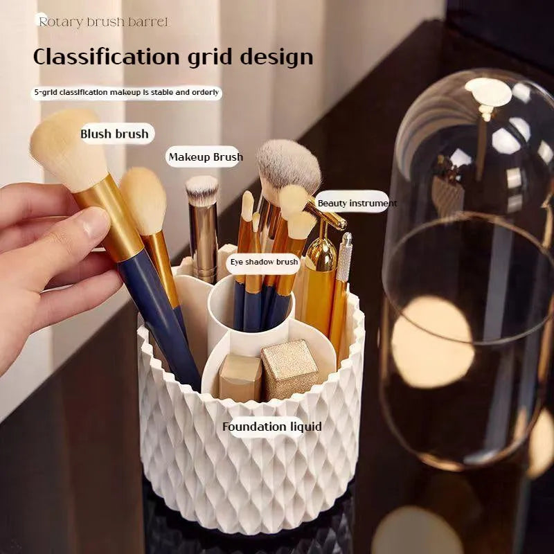 White rotating transparent makeup brush storage organiser with dust cover on desktop