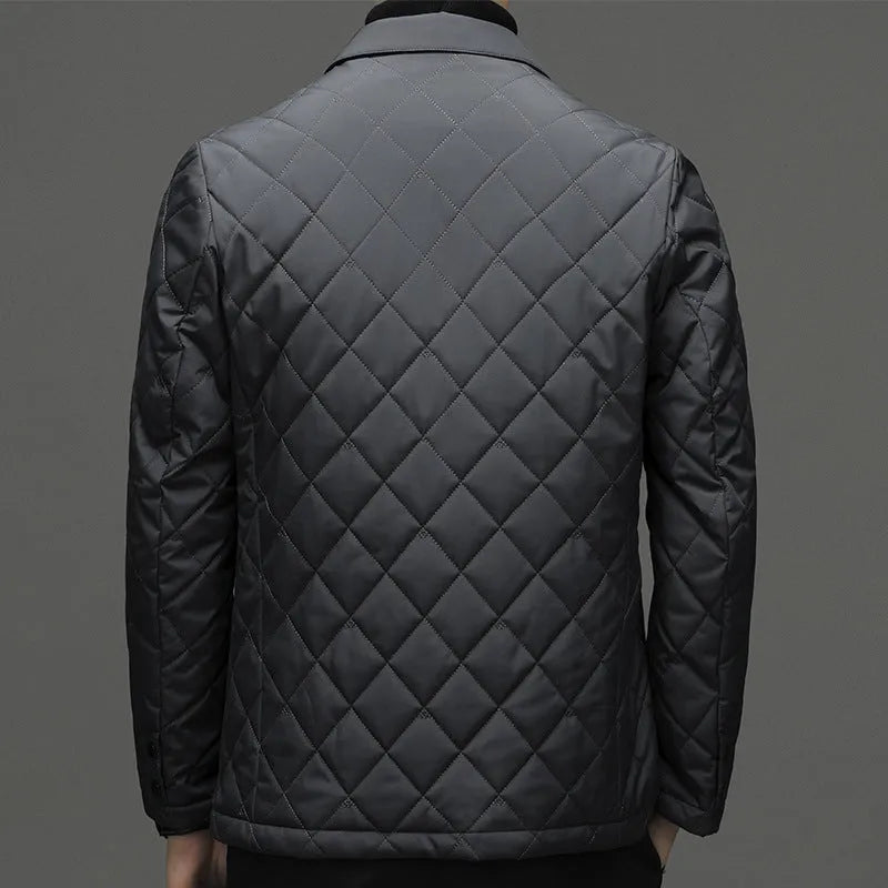 Men's black thick down jacket with lapel collar and side seam pockets, cardigan style.