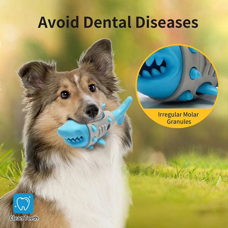 Blue, grey, and yellow dog chew toy with textured shark-tooth nubs and bite-resistant channels.
