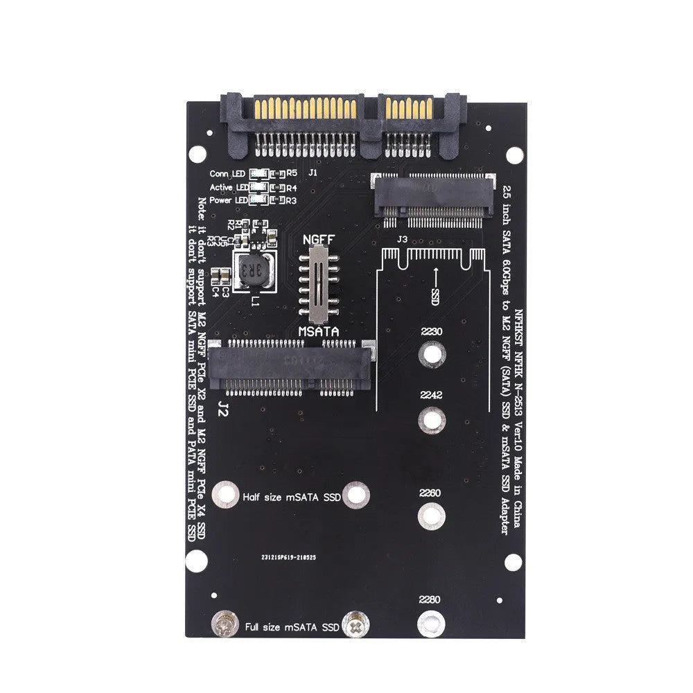 SATA3 to M.2 and mSATA SSD adapter conversion card on a blue printed circuit board.