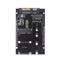 SATA3 to M.2 and mSATA SSD adapter conversion card on a blue printed circuit board.