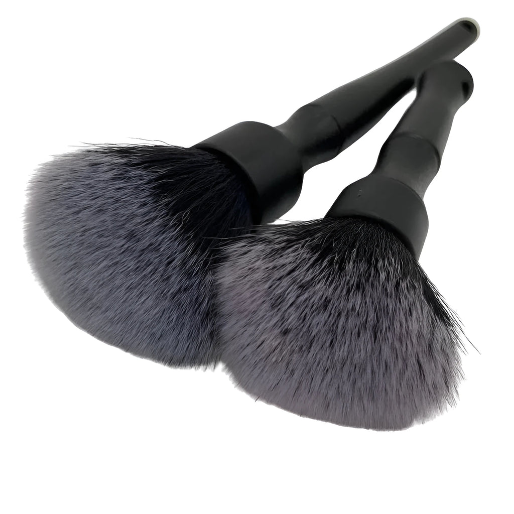 Black car detailing brush with ultra-soft pig hair bristles shown in 240mm and 160mm handle sizes.