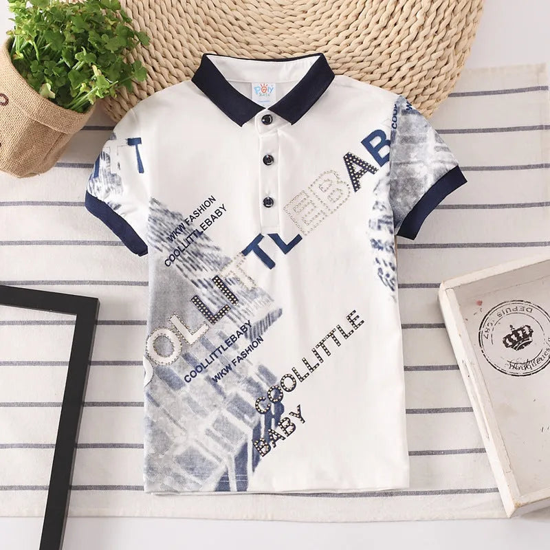 Boys short sleeve cotton shirt with lapel collar in solid colours grey red navy white.