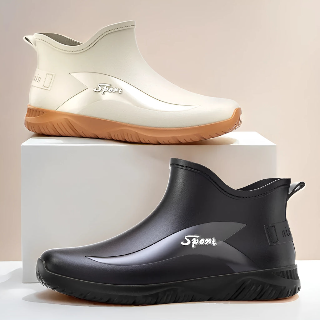 Men's short PVC rubber boots in beige, black, and black & red colours on a flat heel