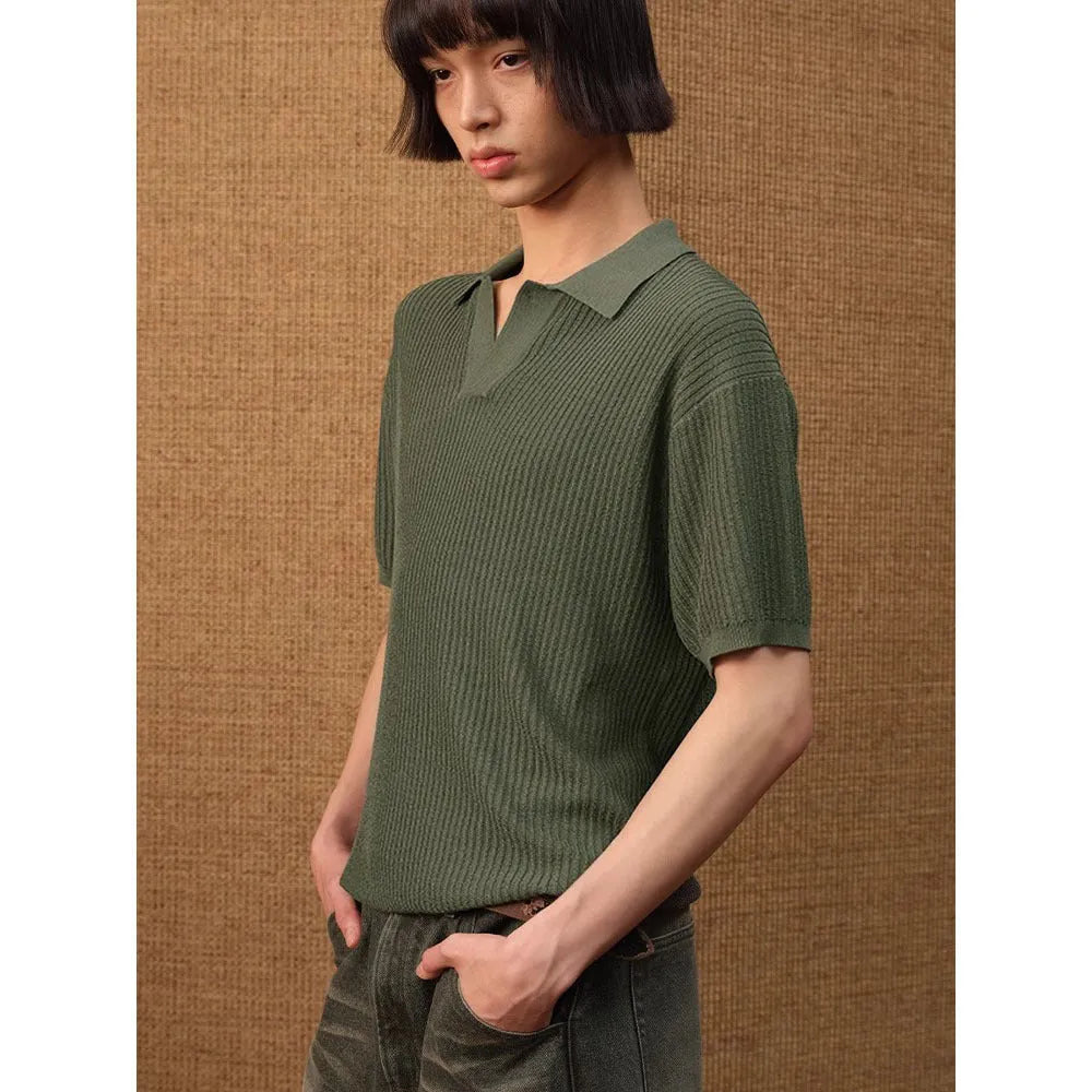 Creamy-white loose-fit polo shirt with striped collar and short sleeves, made from thin ice silk fabric.