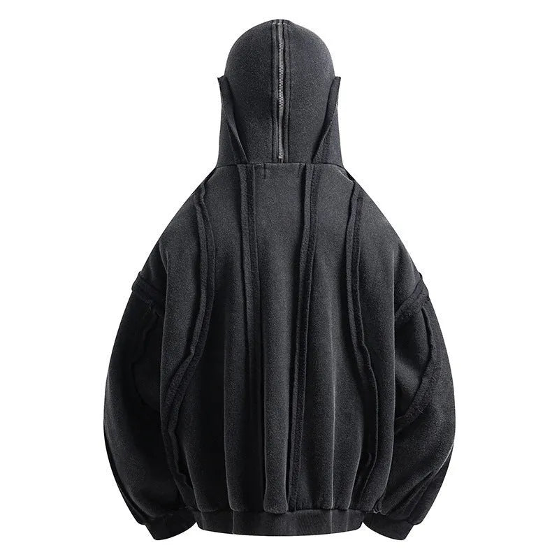 Black mens loose-fit cotton padded coat with hood and abstract retro pattern, zip front.