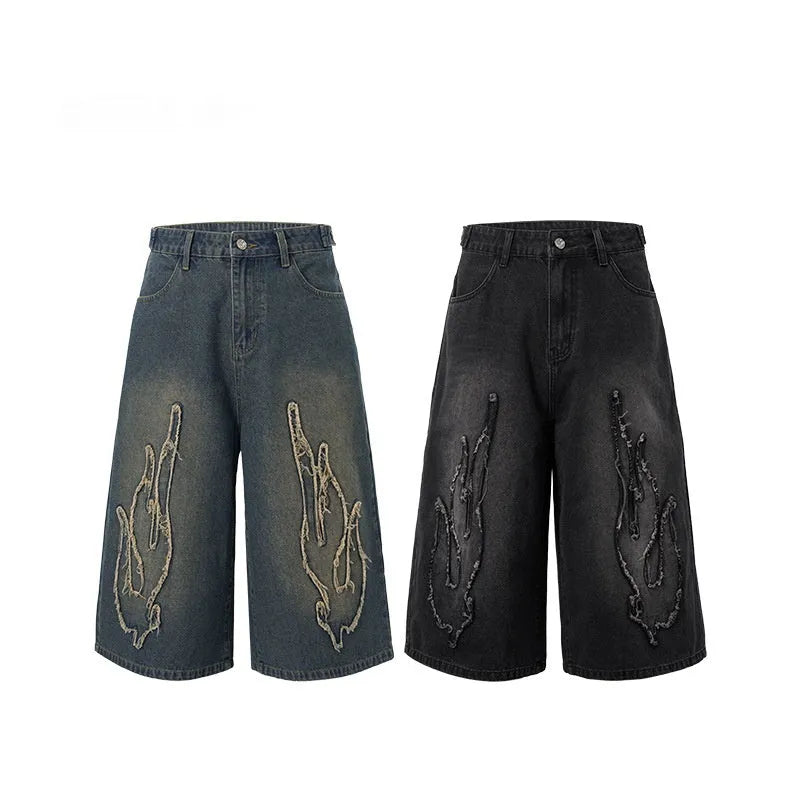 Cropped men's denim shorts with flame embroidery patch in straight-leg cut for summer street style