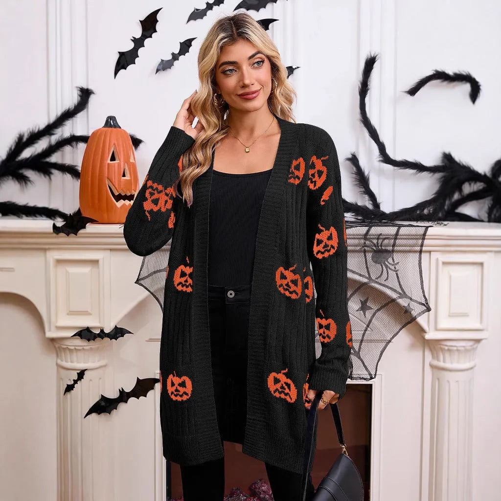 Women's black orange purple pumpkin head pattern jacquard knitted cardigan sweater