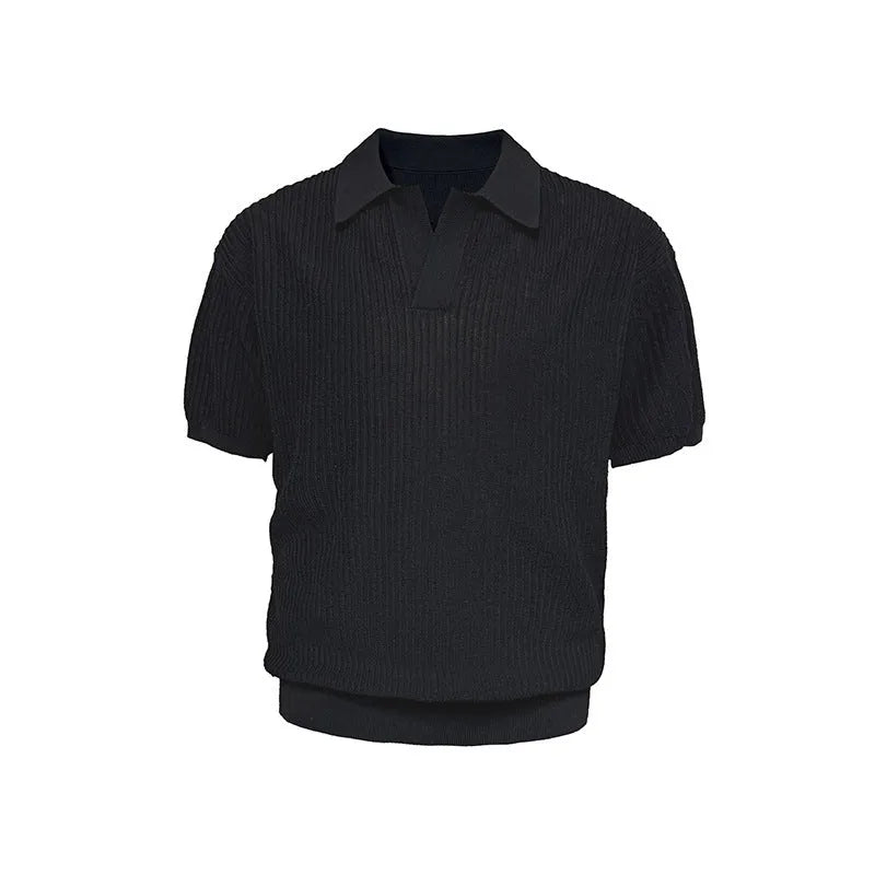 Creamy-white loose-fit polo shirt with striped collar and short sleeves, made from thin ice silk fabric.