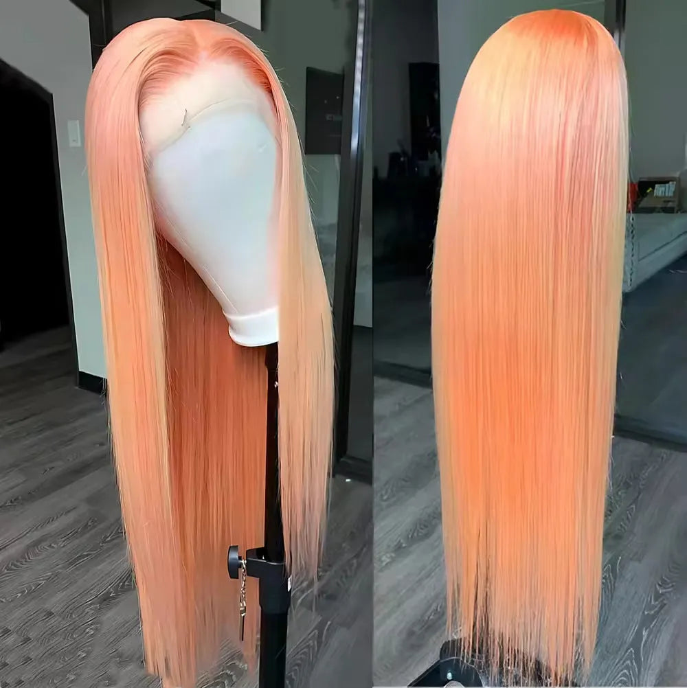 Light orange long straight front lace synthetic wig with side bangs, shown on a wig stand.