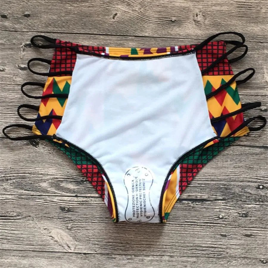 Women's digital print high-waisted bikini swimsuit with backless top and quick-dry fabric.