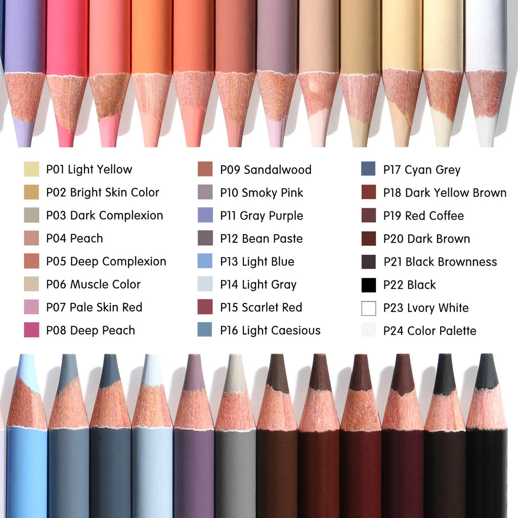 Round metal tin containing 24 skin tone coloured pencils for portrait drawing