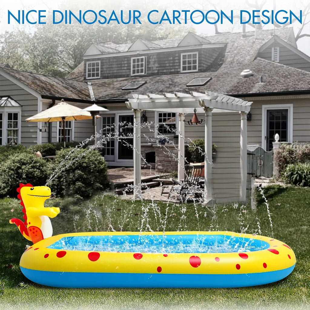 Blue dinosaur-shaped inflatable water spray pool with shark design for kids outdoor play