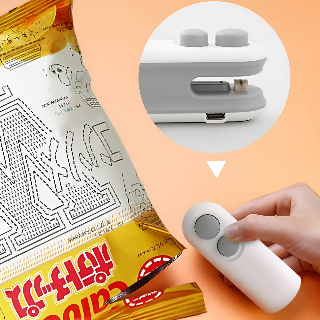 White handheld USB rechargeable heat sealing machine for chip bags with magnetic back and cutter