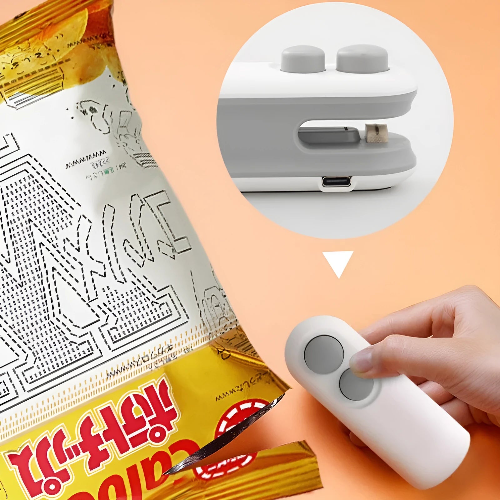 White handheld USB rechargeable heat sealing machine for chip bags with magnetic back and cutter