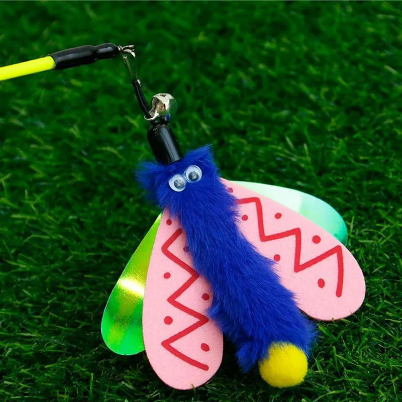 Blue yellow and pink cat teaser wand with dragonfly attachment and bell on a 49cm stick.