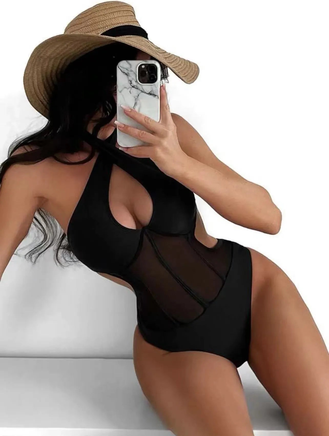 Ladies one-piece swimsuit bikini in nylon spandex blend showing black, rose red, and green colour options