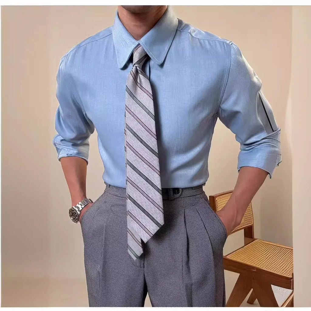 Men's slim fit long sleeve shirt in blue with round collar, business casual style