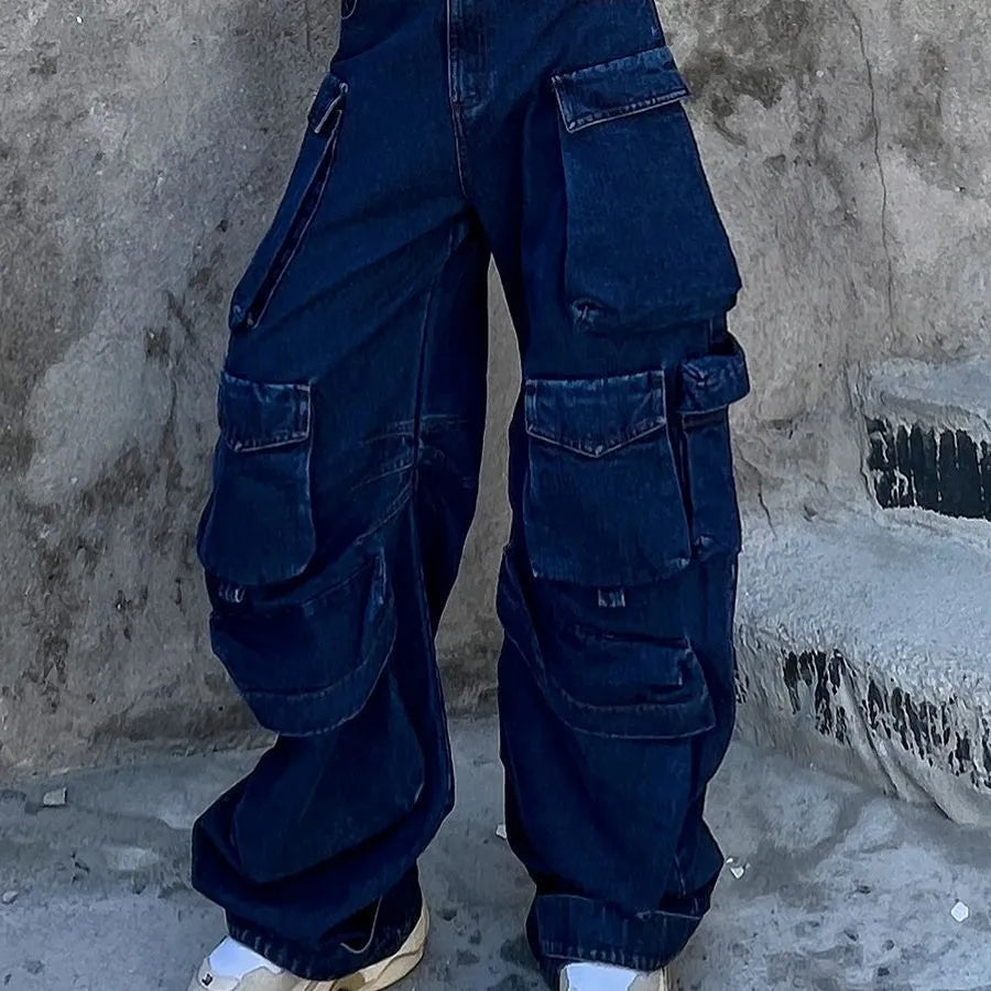 Dark blue distressed wide leg jeans with high waist and multiple pockets