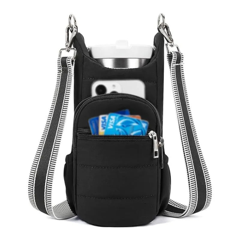 Cloth bicycle water bottle bag in black, pink or beige colour on bike frame