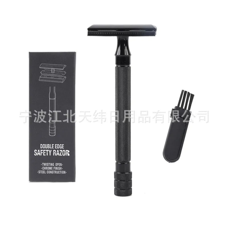 Traditional manual metal shaver with chrome plating and included shaving brush