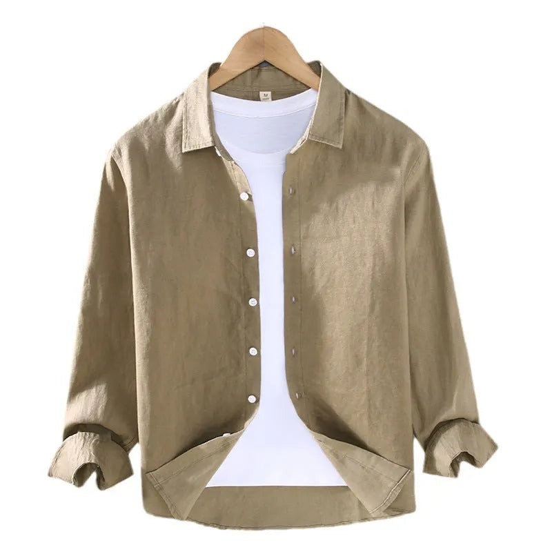 Men's pure linen shirt cardigan in solid colour with long sleeves, shown in multiple colour options