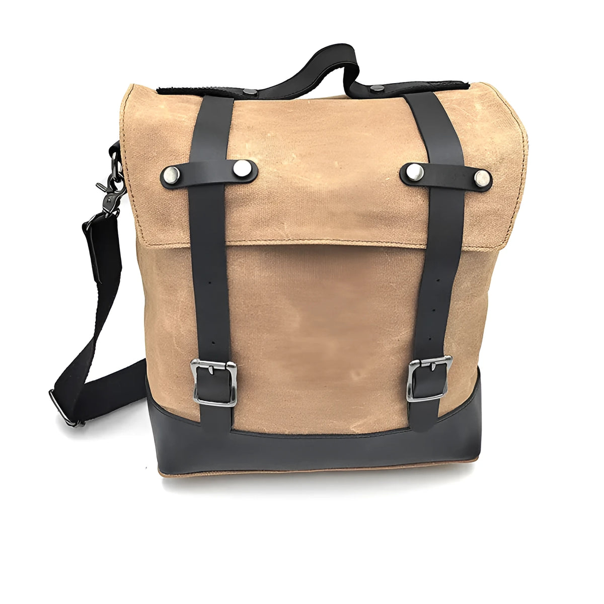 Black waterproof canvas motorcycle side bag with cowhide details mounted on motorcycle